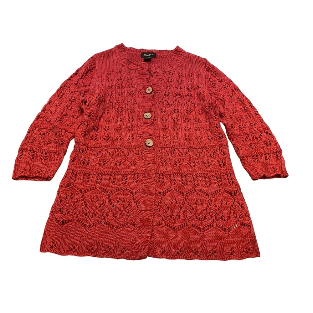Eddie Bauer Women M Linen Cotton Open Knit Lace Cardigan Sweater